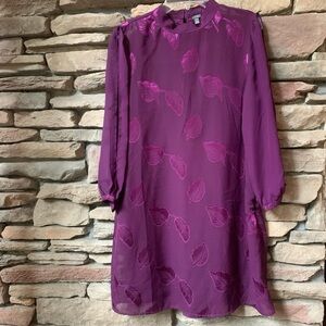 I Love Moi Wine Purple Color Sheer Silk Dress with slip leaves pattern size M
